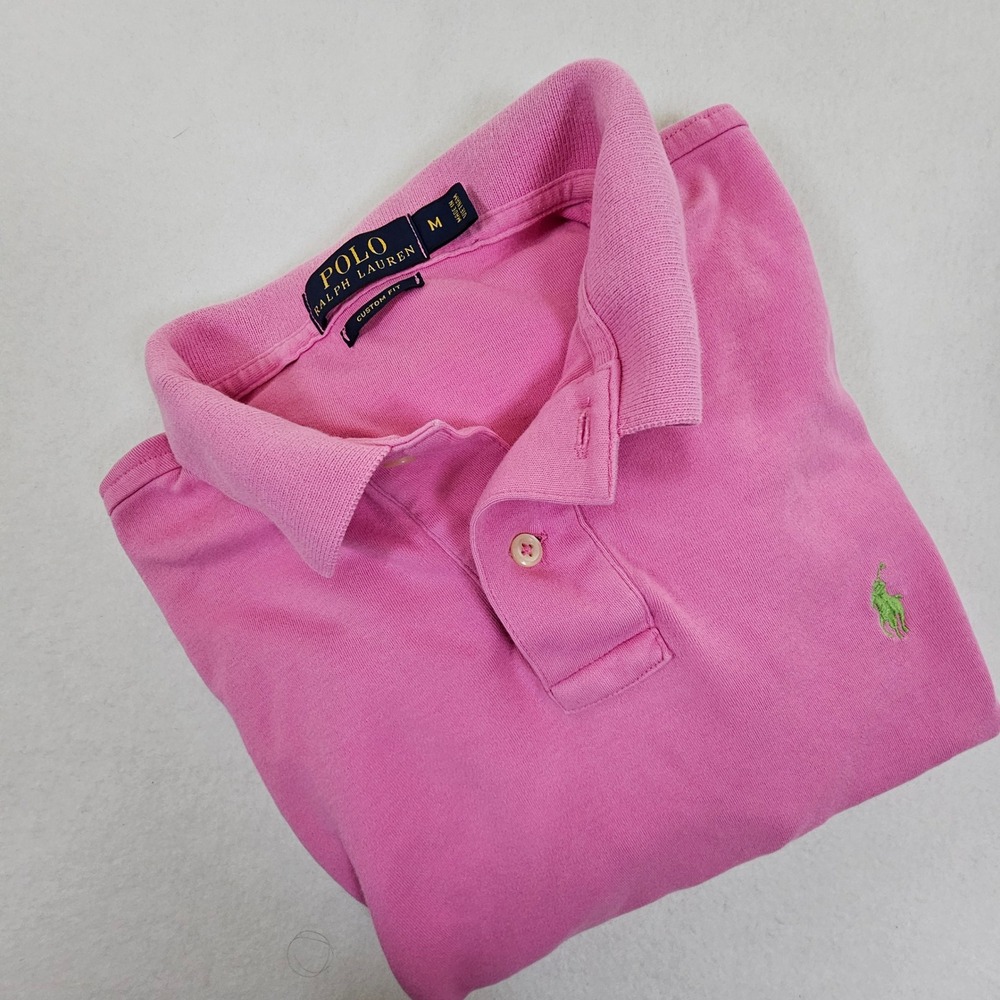 Polo Ralph Lauren Mens Pink Custom Fit Short Sleeve Polo Shirt Green Pony Size M - Picture 9 of 9
